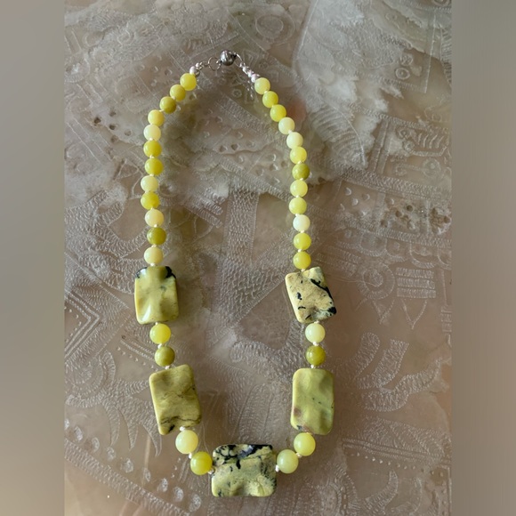 Lemon Jade & Serpentine Necklace | Hand-Knotted on White Silk Thread - Picture 2 of 2